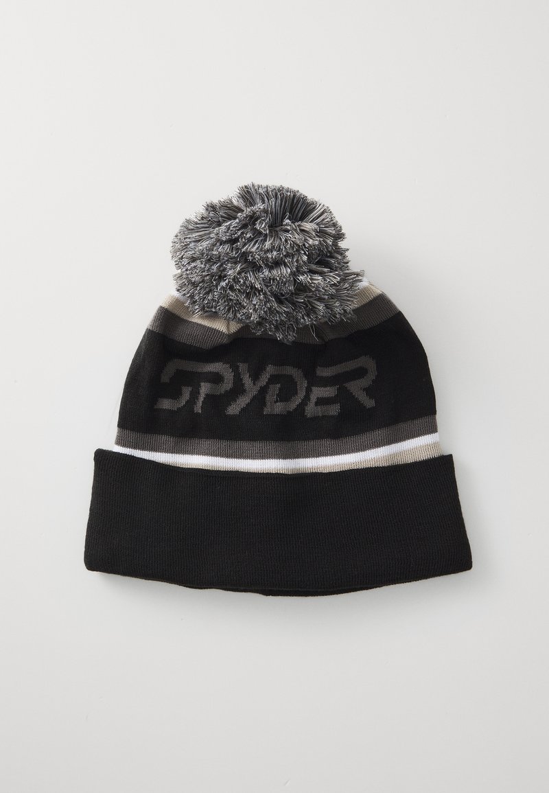 Crna pletena kapa sa sivim i krem horizontalnim prugama, sa pom-pomom na vrhu i izbočenim natpisom "SPYDER".