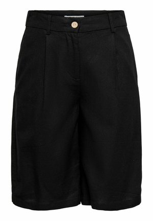 Svarte knelang shorts med beltehemper og enkelt lysfarget knappelukking i livet.