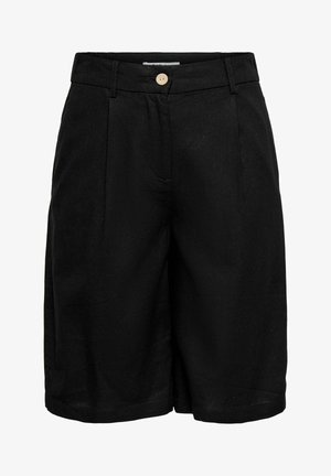 Svarte knelang shorts med beltehemper og enkelt lysfarget knappelukking i livet.