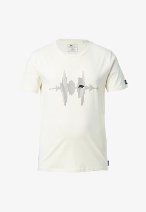 Camiseta de algodón color crema con un gráfico de onda sonora negra en el centro y un pequeño logotipo en la manga izquierda.