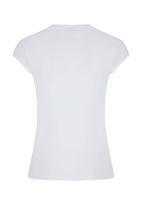 White fitted t-shirt with short sleeves, round neckline, smooth fabric texture, and minimalist design. No visible patterns or accents.