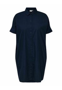 Rochie cămașă bleu închis, cu mânecă scurtă, confecționată dintr-un material neted, având un guler ascuțit, un închidere cu nasturi la față și o croială lejeră.