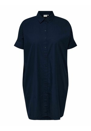 Navy blue short-sleeve shirt dress made of smooth fabric, featuring a button-down front, a pointed collar, and a relaxed fit.