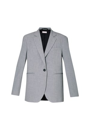 Blazer grigio con finitura textured, colletti a punta, chiusura a un bottone e due tasche frontali. Fodera nera visibile all'interno.
