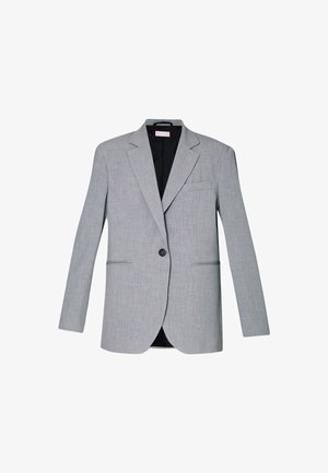 Blazer grigio con finitura textured, colletti a punta, chiusura a un bottone e due tasche frontali. Fodera nera visibile all'interno.
