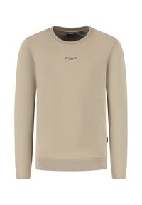Beige sweatshirts met ronde hals en lange mouwen, voorzien van ribbels aan de manchetten, onderkant en hals, met een klein zwart 'BALLIN'' logo op de borst.