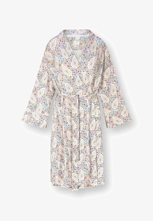 Heller cremefarbener, knielanger Bademantel mit buntem Blumen- und Paisleymuster, weiten Ärmeln und passendem Stoffgürtel, der in der Taille gebunden ist.