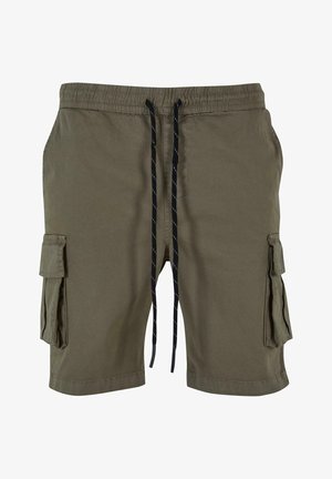 Oliwkowe krótkie spodenki cargo wykonane z lekkiego materiału, z elastyczną talią i czarnymi sznurkami oraz bocznymi kieszeniami cargo.