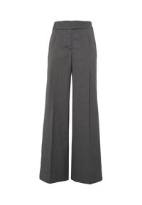 Pantaloni grigi a gamba larga con vita alta, tessuto finemente strutturato e pieghe frontali discrete. Nessuna tasca visibile o decorazione.