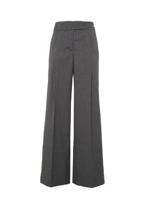 Pantaloni grigi a gamba larga con vita alta, tessuto finemente strutturato e pieghe frontali discrete. Nessuna tasca visibile o decorazione.