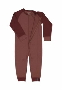 Long-sleeve, zip-up onesie in earthy brown tones with contrasting maroon sleeves. Smooth, soft fabric with ribbed cuffs and a front zipper.