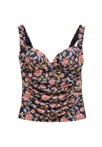 Kvetinový top s nastaviteľnými ramienkami, tmavomodrý materiál, volánové strany a živá ružová a zelená kvetinová potlač. Vyrobené z ľahkého materiálu.
