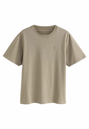 Short-sleeve beige T-shirt made of soft cotton, featuring a crew neck, relaxed fit, and small logo detail on the chest.