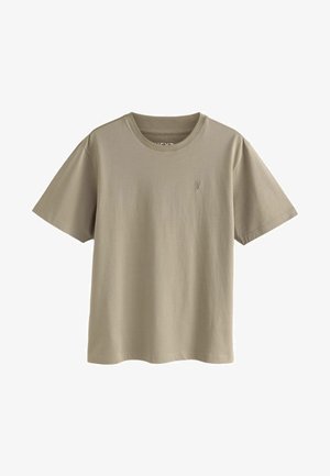 Short-sleeve beige T-shirt made of soft cotton, featuring a crew neck, relaxed fit, and small logo detail on the chest.