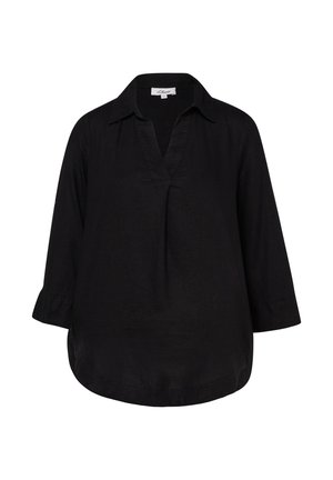 Chemise noire à manches longues avec col, encolure en V, coupe ample, ourlet légèrement arrondi et poignets à boutons, présentée sur un fond blanc.