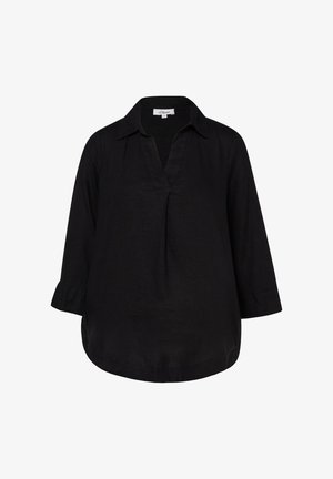 Black long-sleeve shirt with a collar, V-neck, loose fit, slightly rounded hem, and buttoned cuffs, displayed on a white background.