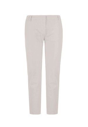 Pantaloni grigi chiari realizzati in una miscela di cotone, caratterizzati da una vestibilità slim, davanti piatto, due tasche frontali e un design pulito e minimalista.