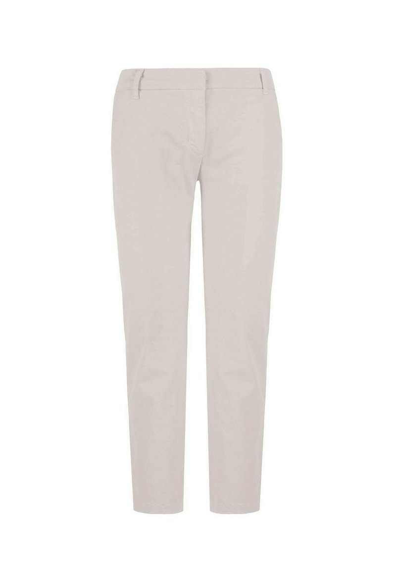 Jasnoszare spodnie wykonane z mieszanki bawełny, o slim fit, z płaskim przodem, dwoma przednimi kieszeniami i schludnym, minimalistycznym designem.
