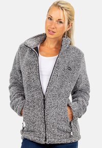 Gray fluffy fleece jacket with a zip closure, standing collar, side pockets, and a small logo. Soft texture and relaxed fit.