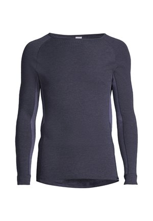 Langærmet atletisk skjorte i mørkeblå stof. Har rund hals, raglanærmer og kontrasterende sidepaneler. Glat tekstur, tætsiddende design.