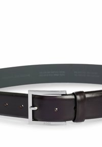 Dark brown leather belt with a silver metal buckle. Features a smooth texture and fine stitching, with brand name "BOSS" embossed on the buckle.