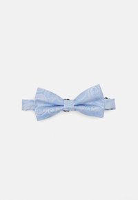 Light blue paisley-patterned bow tie made of fabric, featuring a central knot and an adjustable strap for secure fit.