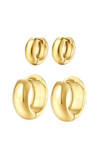 Set aus goldenen Creolen mit polierter Oberfläche, runder Form und Scharnierverschlüssen. Enthält zwei Größen: klein und groß.