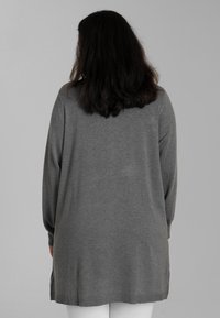 Grauer Pullover mit langen Ärmeln, aus weichem Strickstoff, leicht verlängertem hinteren Saum, seitlichen Schlitzern, schlichtes Design ohne zusätzliche Muster oder Akzente.
