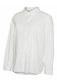 Chemise blanche à manches longues en tissu léger. Elle présente un col classique, une fermeture à boutons à l'avant, et des liens sur le côté à la taille pour un ajustement.