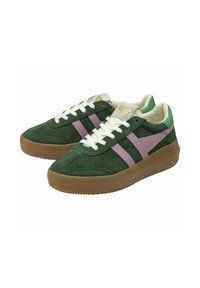 Green suede sneakers with purple stripes, white laces, and a gum sole. Accented with a light green heel and a logo on the tongue.