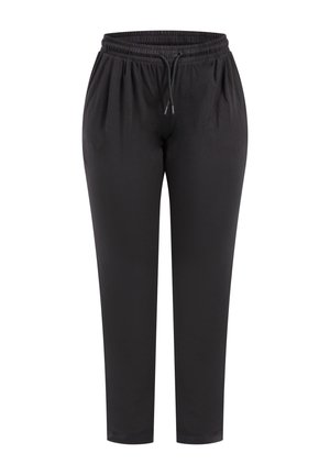 Zwarte, lichte joggingsbroek met een elastische tailleband en trekkoord, en een recht model met boorden bij de enkels. Zachte textuur.