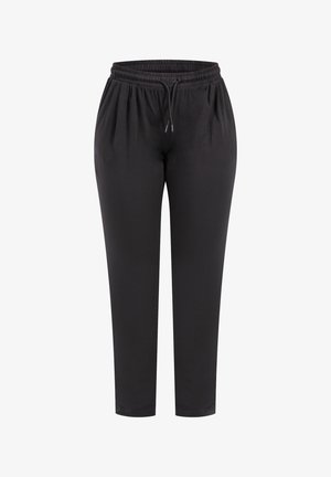 Pantalons de jogging légers et noirs dotés d'une taille élastique avec cordon de serrage, et d'une coupe droite avec des poignets aux chevilles. Texture douce.