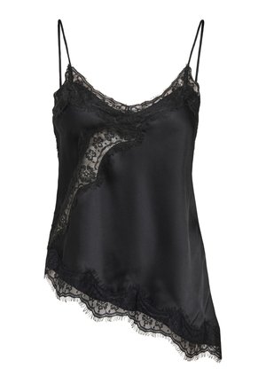 Svart sateng-camisole med delikate svarte blonder langs utringningen og kanten, med justerbare tynne stropper og et flytende, asymmetrisk design.