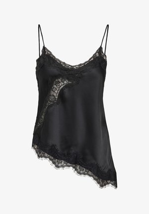 Svart sateng-camisole med delikate svarte blonder langs utringningen og kanten, med justerbare tynne stropper og et flytende, asymmetrisk design.