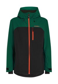 Grøn og sort jakke med hætte, der har orange lynlåse, en lynlåslomme på brystet og justerbare manchetter. Fremstillet af vejrbestandigt materiale.