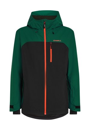 Grüne und schwarze Jacke mit Kapuze, ausgestattet mit orangefarbenen Reißverschlüssen, einer zipbaren Brusttasche und verstellbaren Bündchen. Hergestellt aus wetterfestem Material.