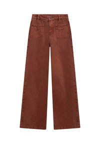 Wijde broekspijpen in een roestbruine kleur, gemaakt van duurzame stof. Heeft een knoopsluiting, twee voorkeuzes en twee achterzakken.