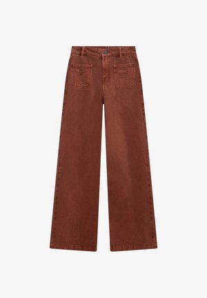 Hellebeine Hosen in einem rostbraunen Farbton, aus strapazierfähigem Stoff gefertigt. Sie verfügen über einen Knopfverschluss, zwei vordere Taschen und zwei hintere Taschen.