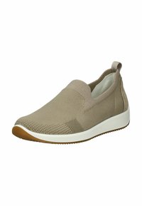 Hellbeige Slip-On-Sneaker, gestricktes Obermaterial, elastisches Band, strukturierter Zehenbereich, weiße Zwischensohle mit brauner Gummisohle, glattes Innenfutter.