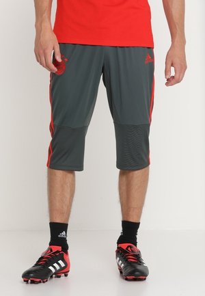 Man die grijze en rode Adidas sportshorts draagt, zwarte Adidas sokken en zwarte en rode voetbalschoenen, staand tegen een effen witte achtergrond.