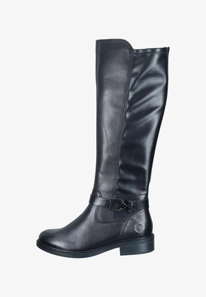 Botte en cuir noire hauteur genoux avec une finition lisse, un bout arrondi et une sangle décorative à boucle au niveau de la cheville. Talon bas empilé.
