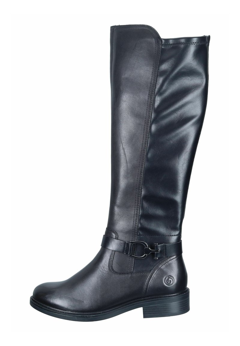 Botte en cuir noire hauteur genoux avec une finition lisse, un bout arrondi et une sangle décorative à boucle au niveau de la cheville. Talon bas empilé.