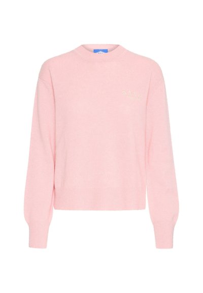 Roosa kudumipullover ümmarguse kaelusega, soonikukätiste ja äärisega. Omamoodi "BALI" tikand heledas beežis. Pehme tekstuur, lõdva kujundusega.