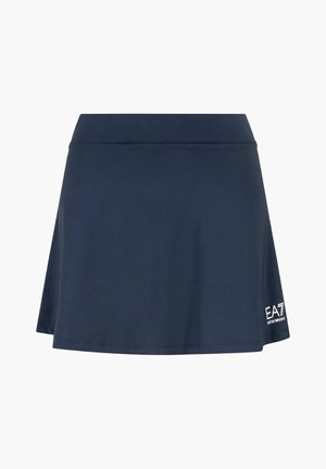 Gonna sportiva blu navy con ampia fascia in vita e piccolo logo EA7 Emporio Armani bianco sul fondo a destra.