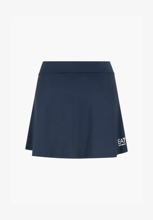 Gonna sportiva blu navy con ampia fascia in vita e piccolo logo EA7 Emporio Armani bianco sul fondo a destra.