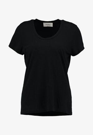 Black cotton T-shirt with short sleeves, round neckline, and a relaxed fit; smooth texture and no visible patterns or embellishments.