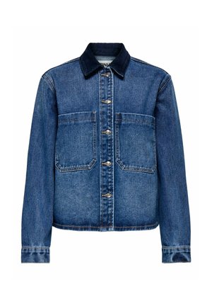 Traper jakna s tamnim ovratnikom, dugim rukavima, prednjim kopčanjem na dugmad i dva velika džepa na prsima, prikazana na bijeloj pozadini.