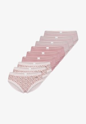 Sæt med ti bomuldsunderbukser til kvinder i forskellige nuancer af pink og med blomstermønster. Har blonder langs linningen.