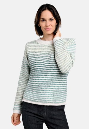 Lightweight sweater with horizontal stripes in shades of green and white, featuring a crew neck and ribbed cuffs. Soft texture, relaxed fit.