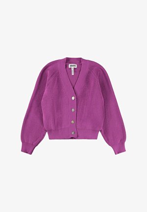 Cárdigan de punto color magenta con un escote en V pronunciado, seis botones en la parte delantera y puños acanalados. Presenta un diseño corto y textura suave.